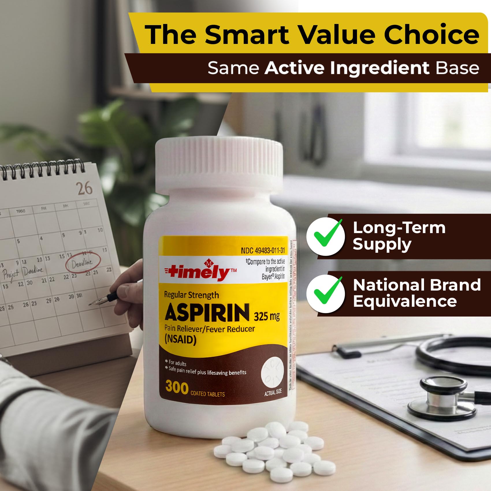 Regular strength safety coated adult fever reducer tablets bottle on a clean white background