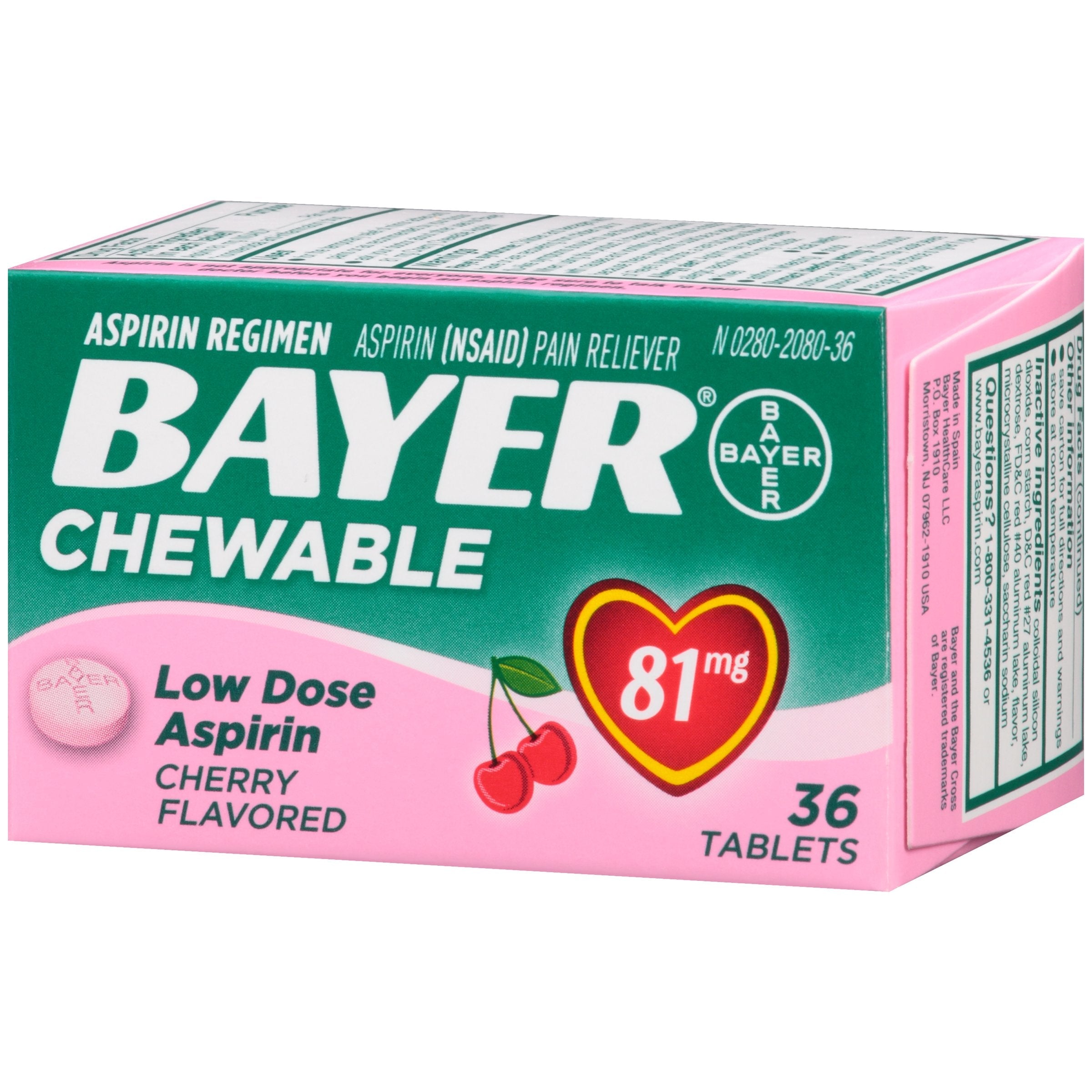 Bayer low dose cherry flavor aspirin 36 count side packaging details