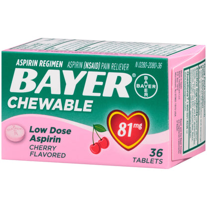 Bayer low dose cherry flavor aspirin 36 count side packaging details