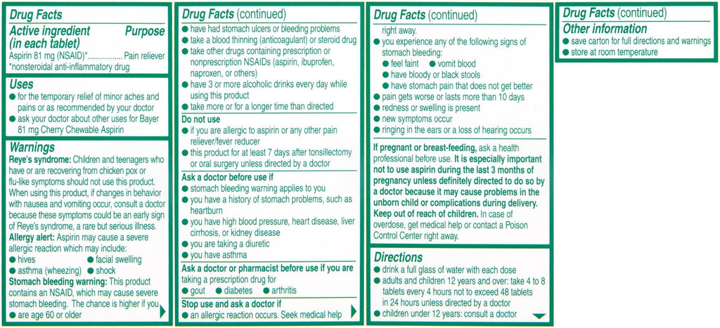 Bayer cherry flavored low dose aspirin tablets bottle and expiry information