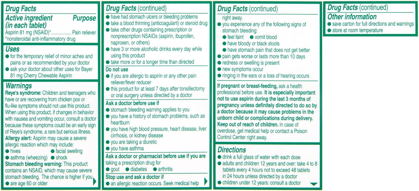 Bayer cherry flavored low dose aspirin tablets bottle and expiry information