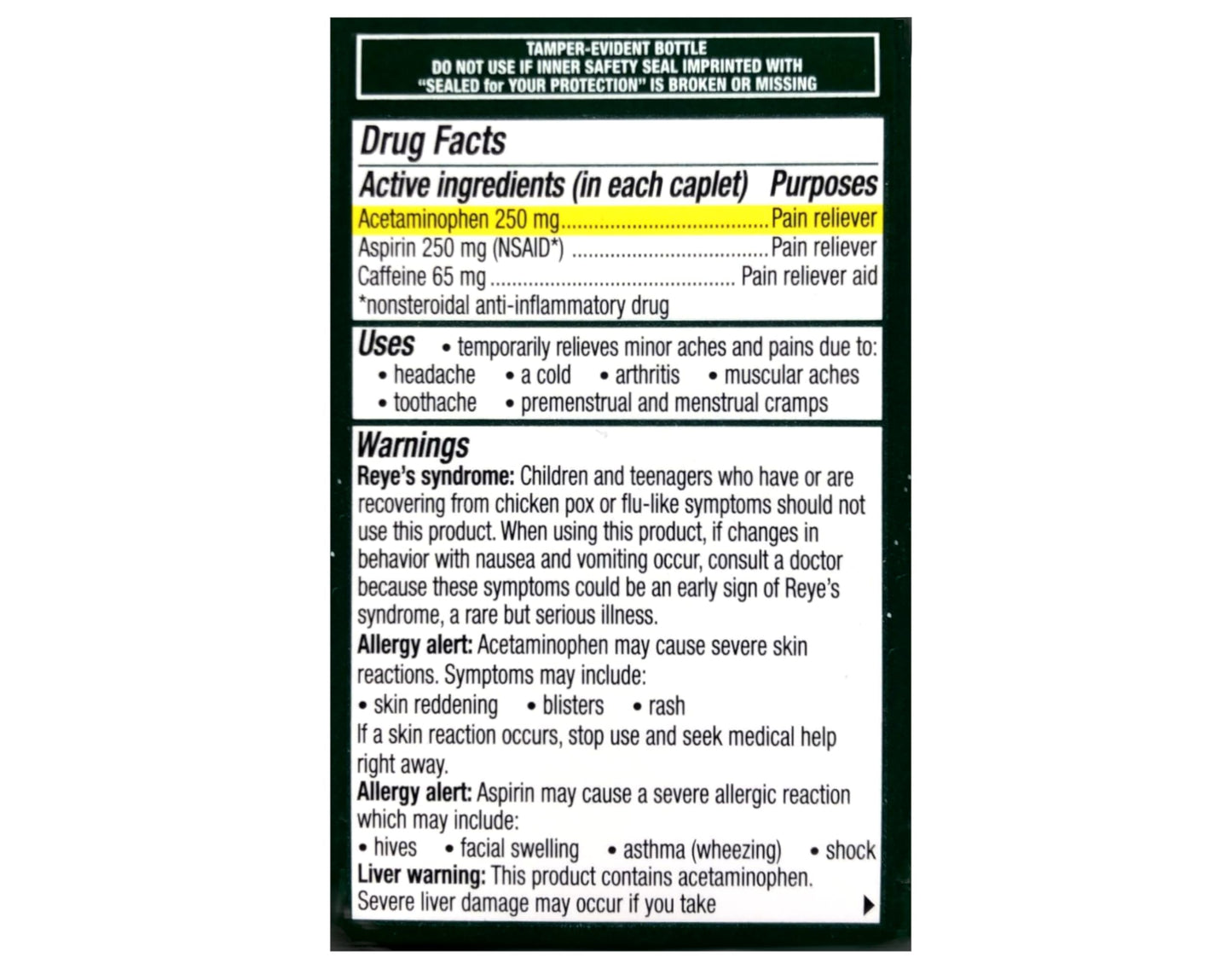 Excedrin triple action formula back label showing acetaminophen aspirin and caffeine ingredients