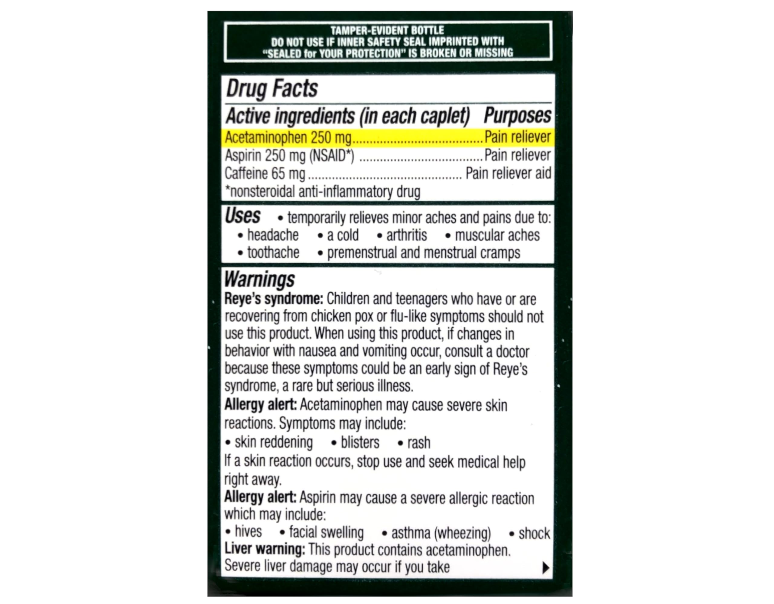 Excedrin triple action formula back label showing acetaminophen aspirin and caffeine ingredients