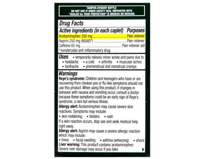 Excedrin triple action formula back label showing acetaminophen aspirin and caffeine ingredients