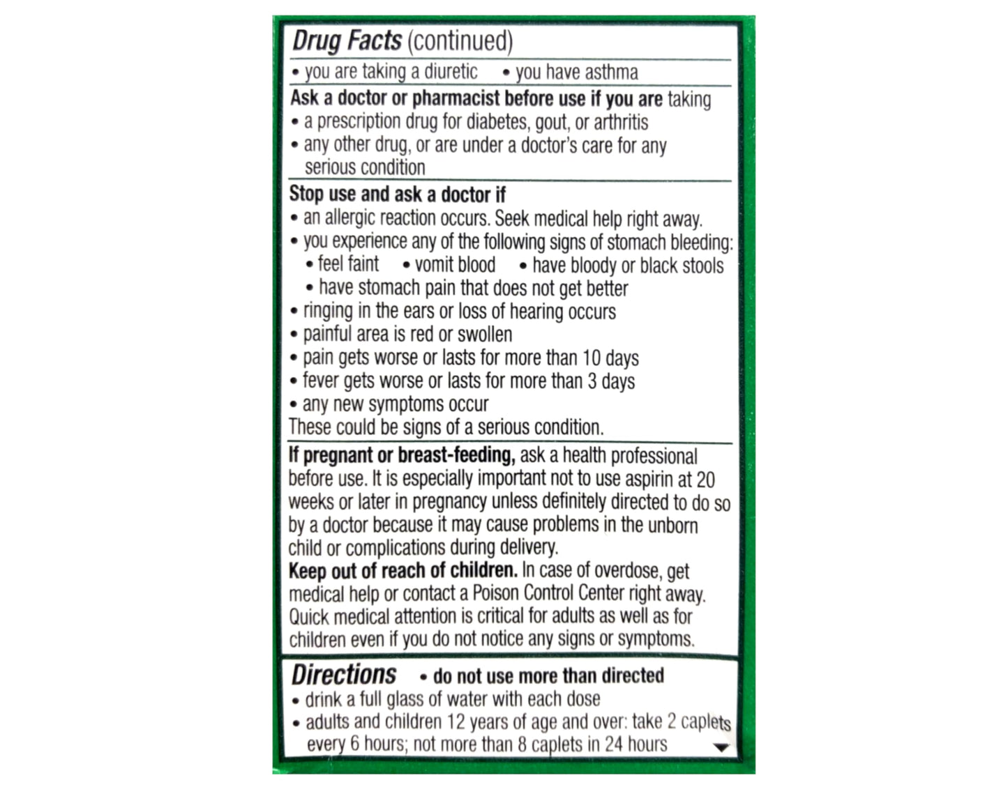 Side view of Excedrin Extra Strength container detailing safety warnings and dosage instructions