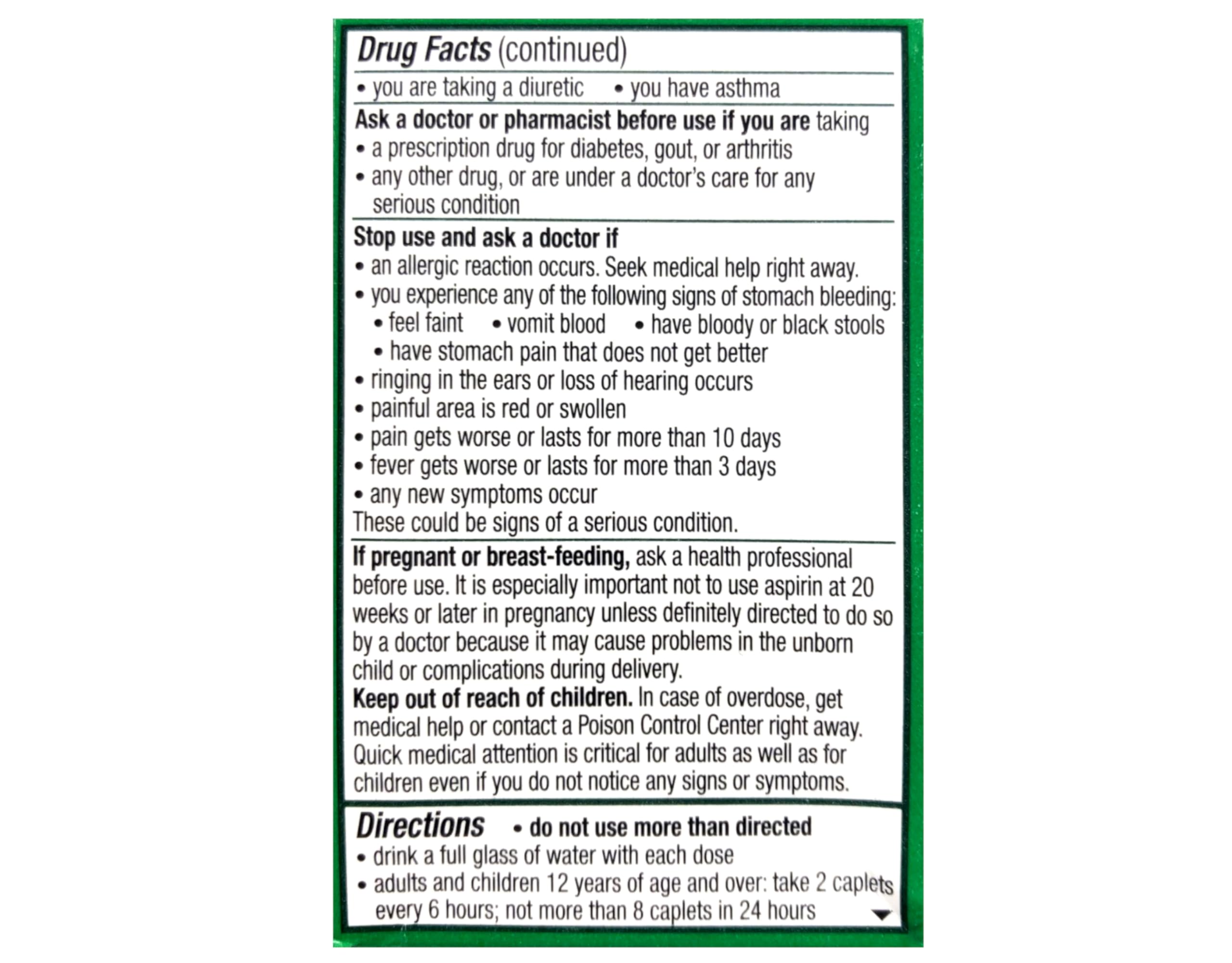 Side view of Excedrin Extra Strength container detailing safety warnings and dosage instructions