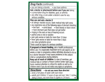 Side view of Excedrin Extra Strength container detailing safety warnings and dosage instructions