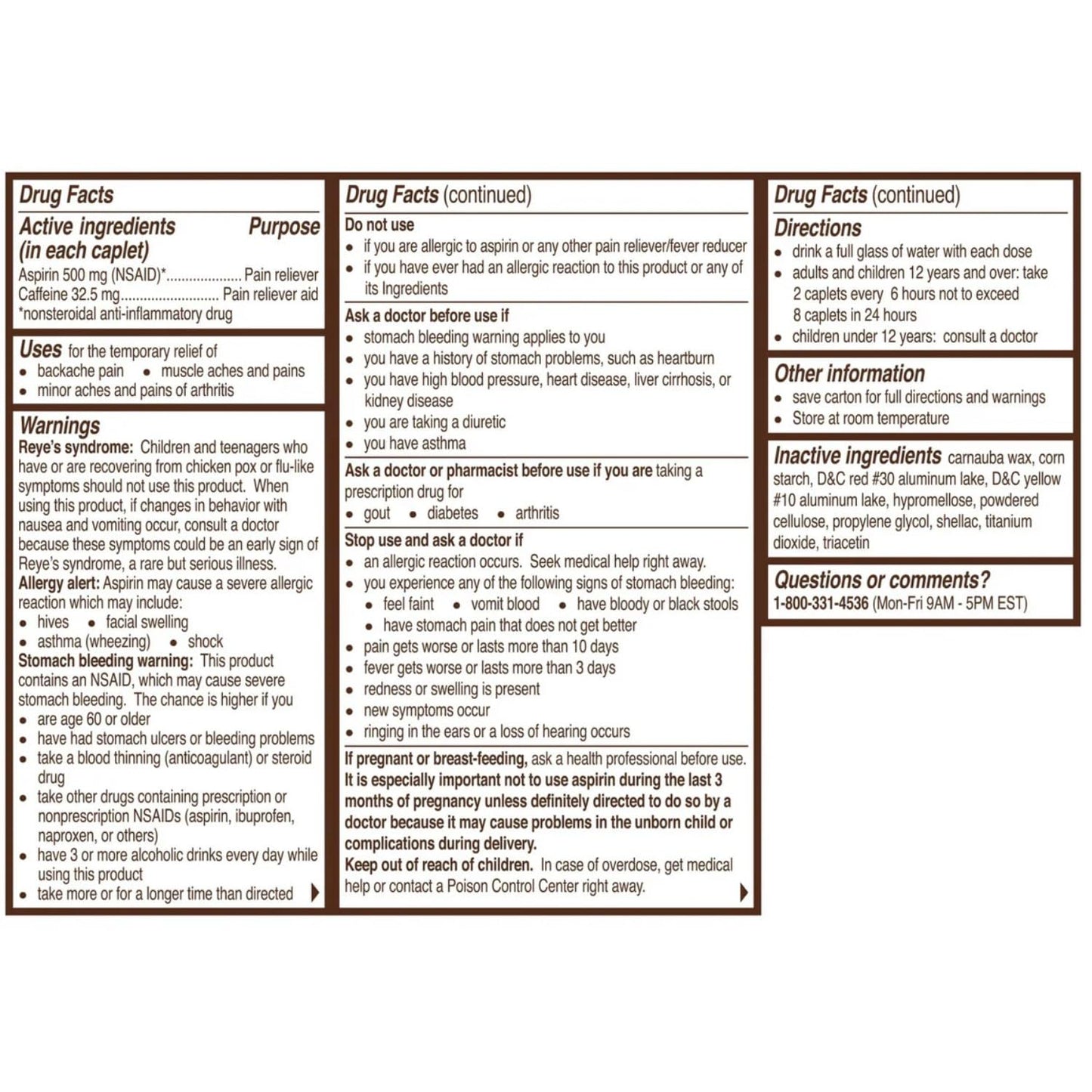 Bayer 500 milligram aspirin caplets yellow and white packaging description