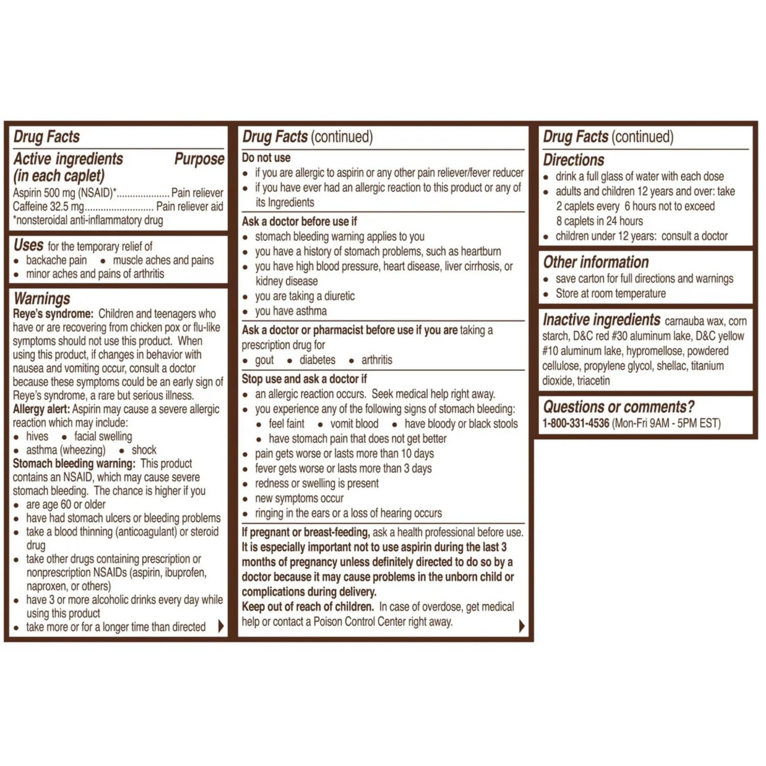 Bayer 500 milligram aspirin caplets yellow and white packaging description