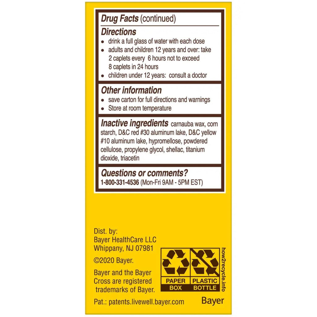 Authentic Bayer imported pain reliever box showing active ingredient facts