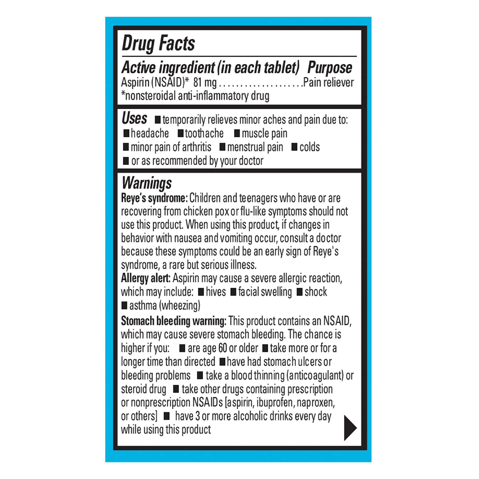 Ecotrin enteric safety coated low dose aspirin tablets packaging displaying product warnings and facts