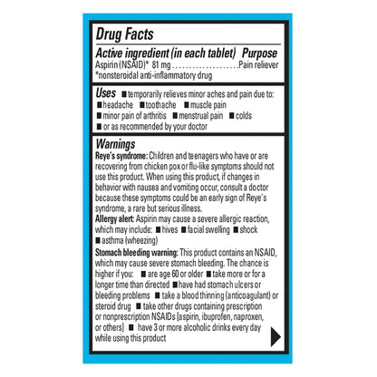 Ecotrin enteric safety coated low dose aspirin tablets packaging displaying product warnings and facts
