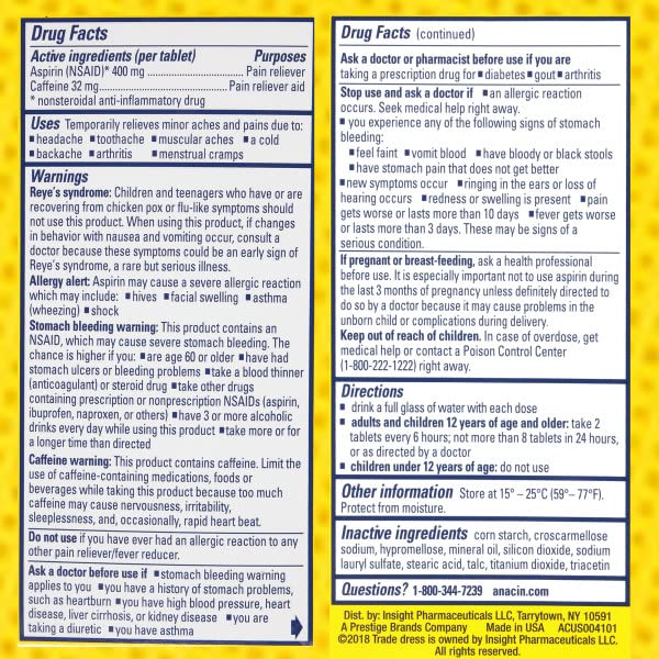 Anacin aspirin and caffeine tablets value pack side profile