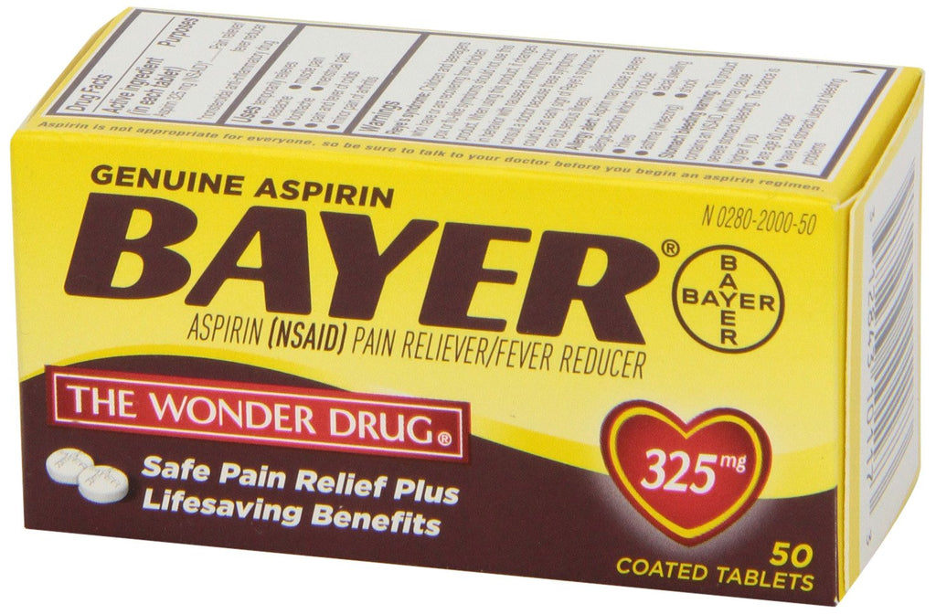 Close up view of the drug facts label on the back of the genuine Bayer 325mg aspirin package
