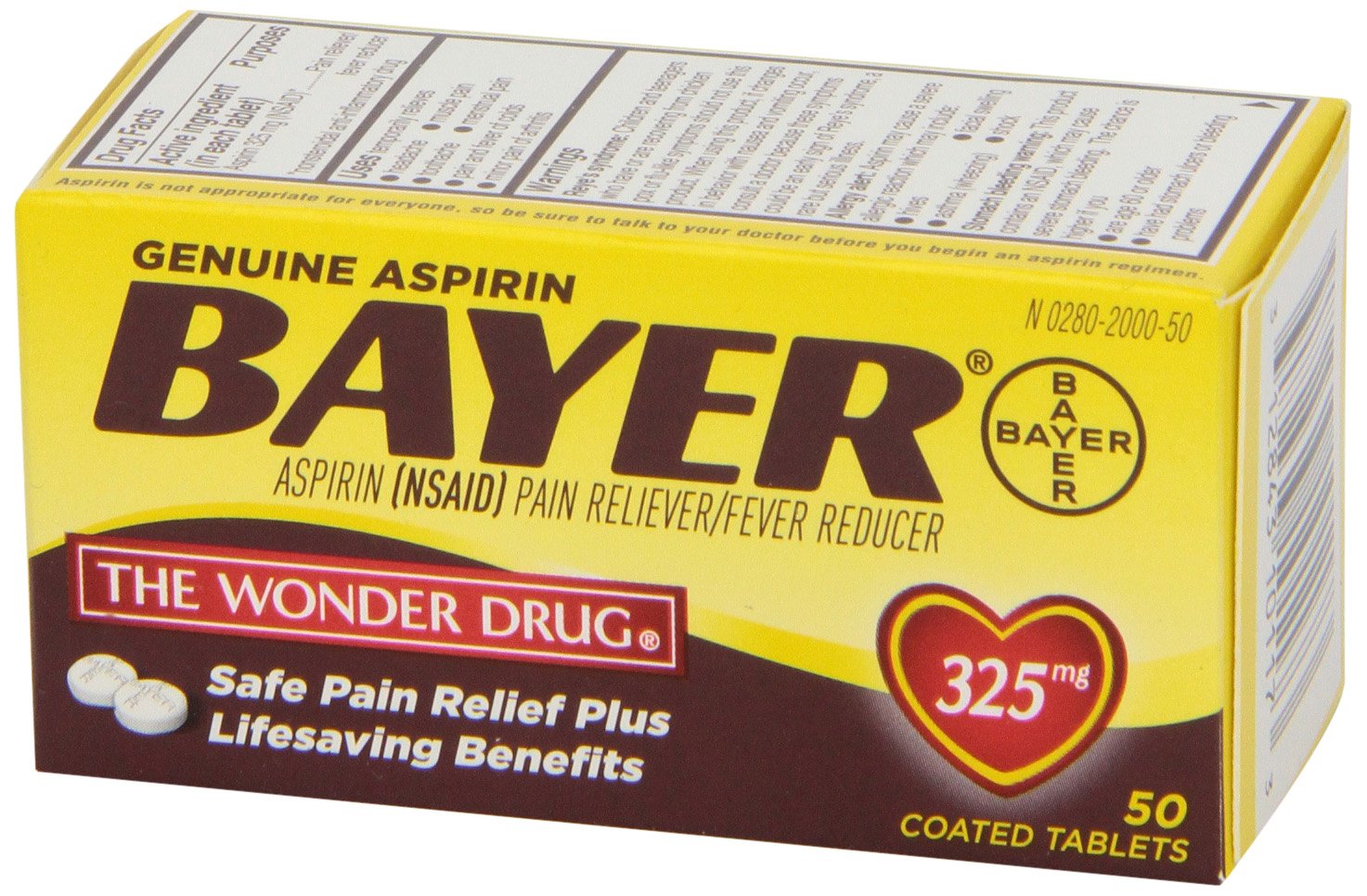 Close up view of the drug facts label on the back of the genuine Bayer 325mg aspirin package