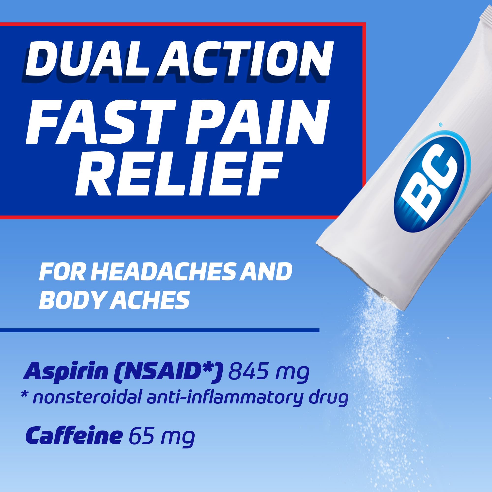 BC dual action formula pain reliever packaging showing active ingredients aspirin and caffeine