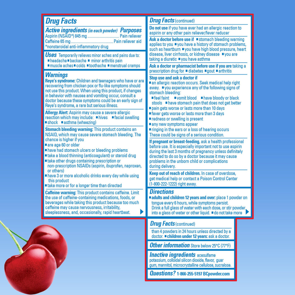 Close up shot of the cherry flavored fast acting formula by BC brand