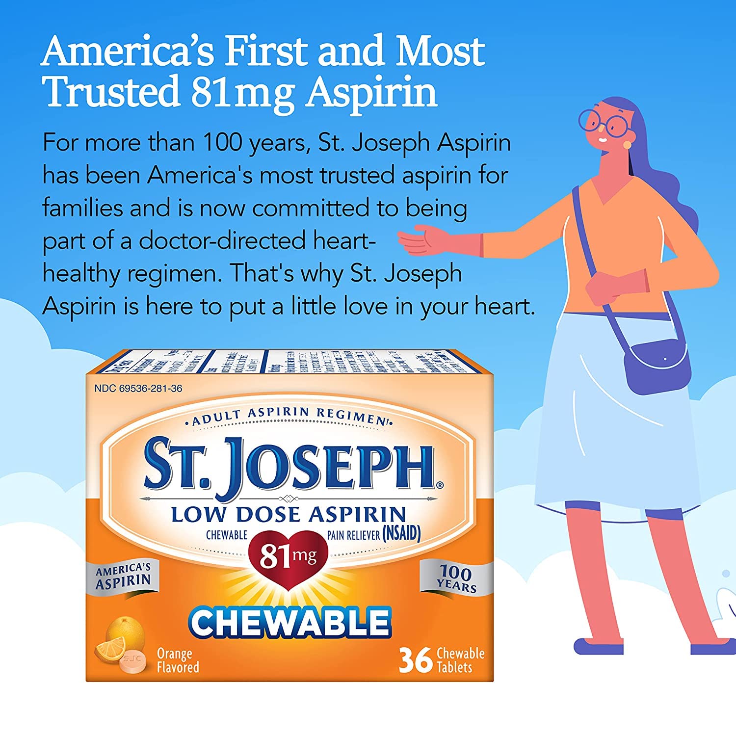 Three pack supply of St. Joseph low dose chewable orange pain reliever tablets for adults