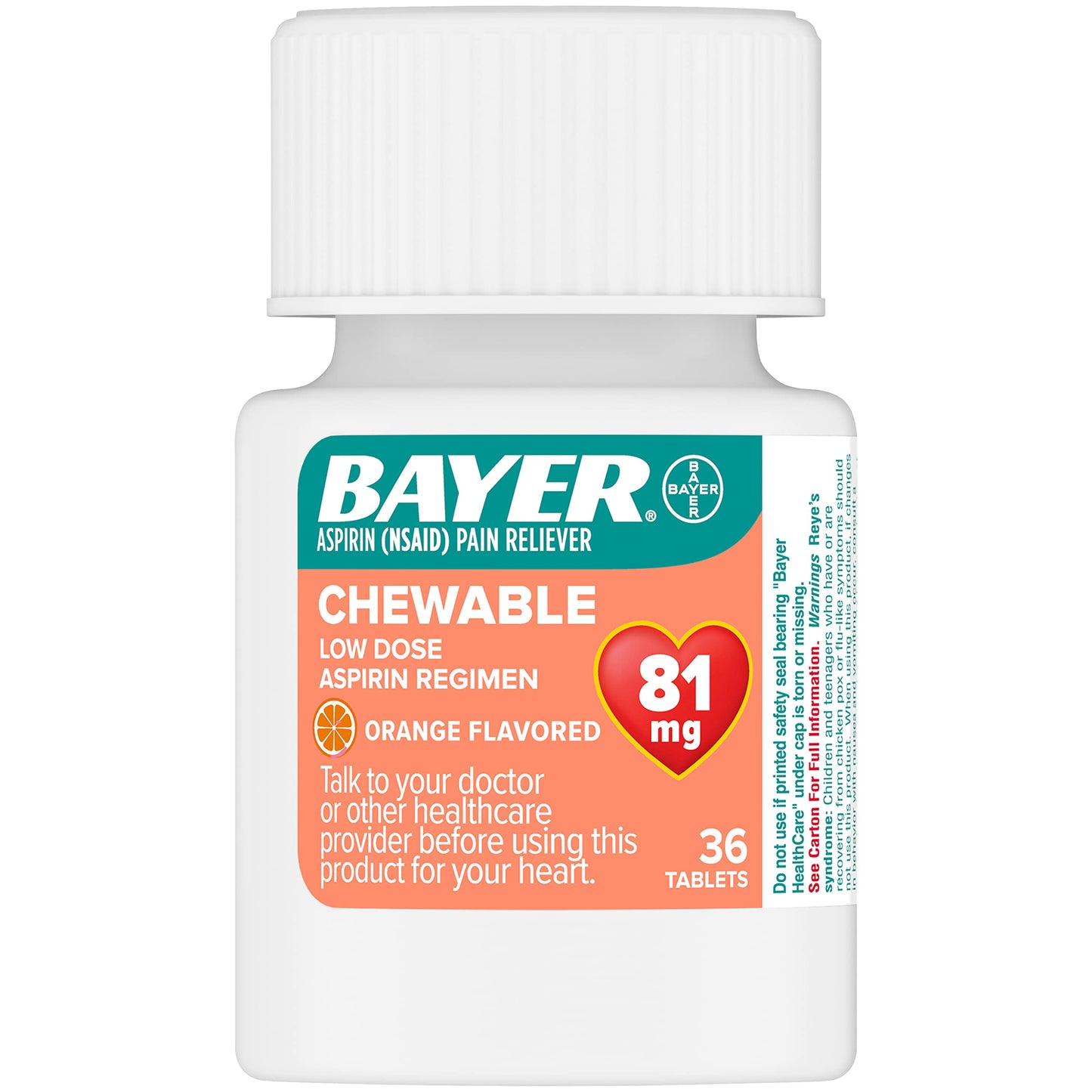 Side view of Bayer chewable eighty one milligram aspirin drug facts label