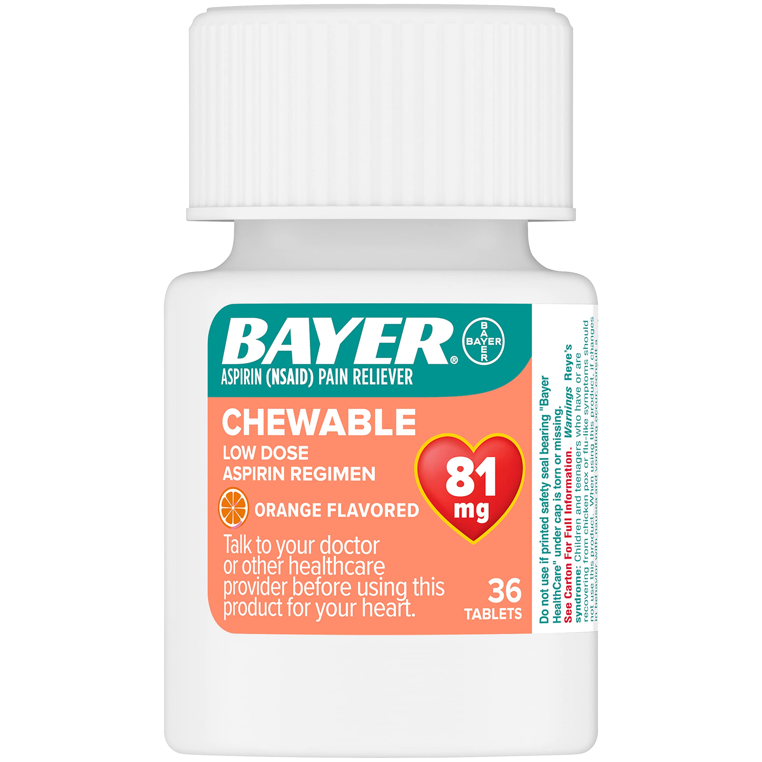 Side view of Bayer chewable eighty one milligram aspirin drug facts label