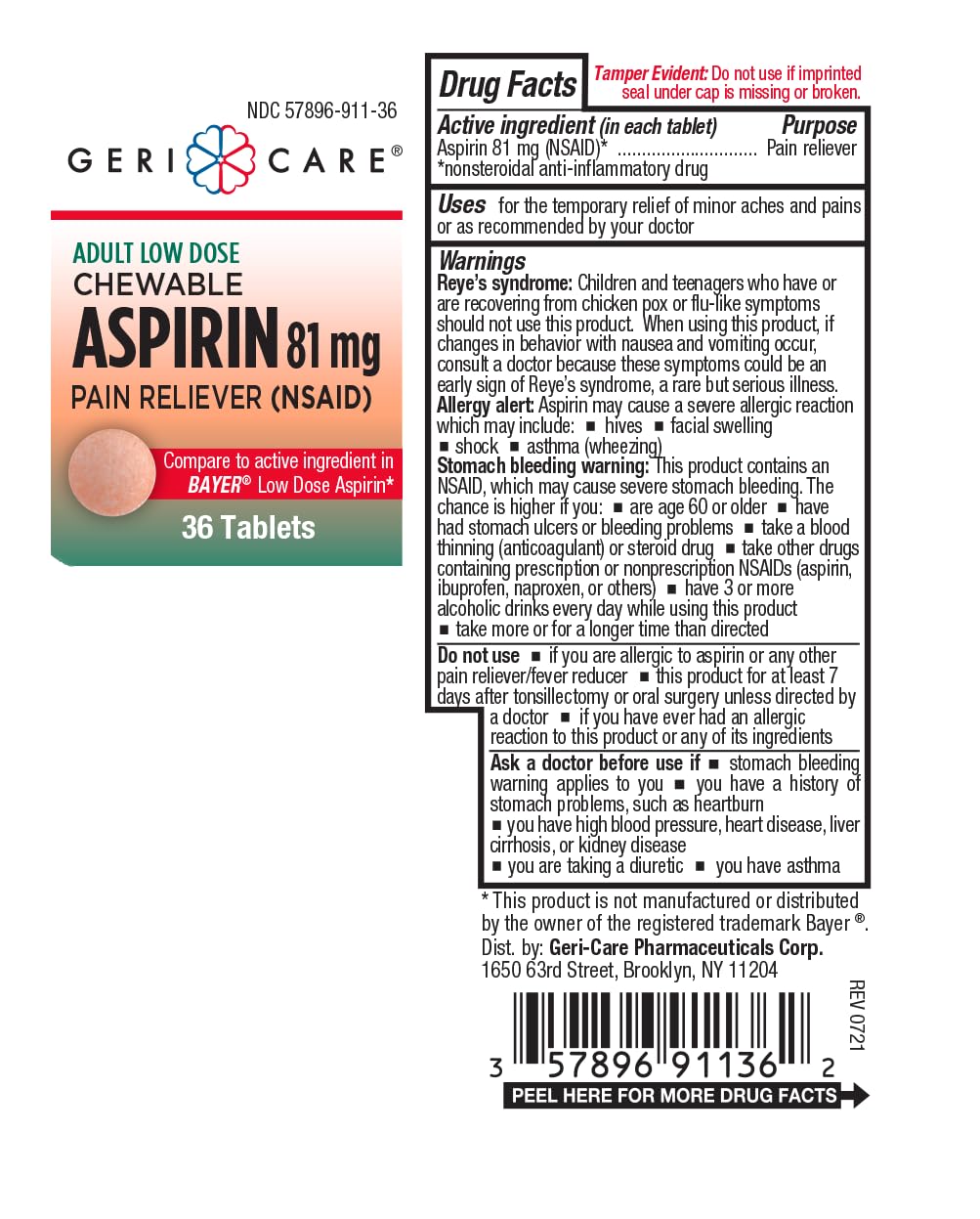GeriCare Low Strength Chewable Aspirin 4 pack packaging detailing orange flavor attribute