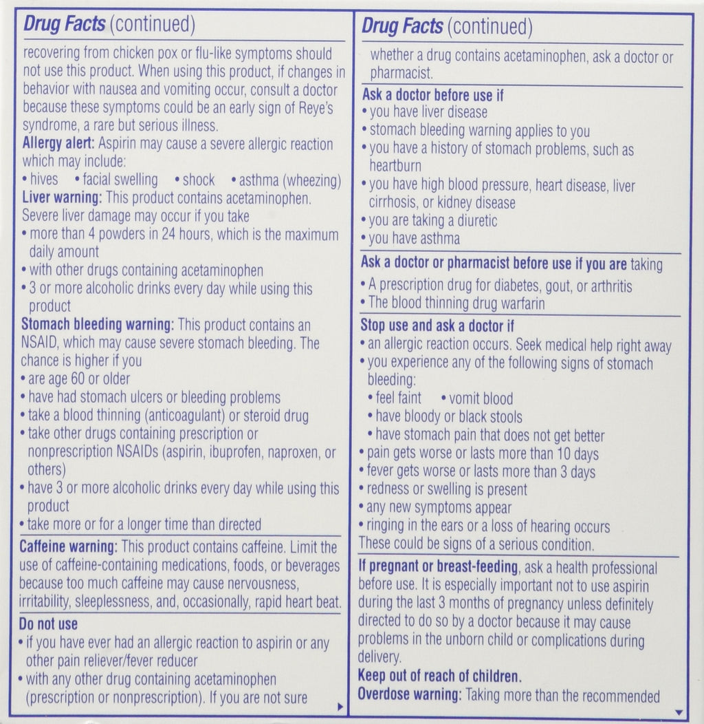Back label of Goody's Extra Strength Headache Powder showing ingredients and dosage instructions