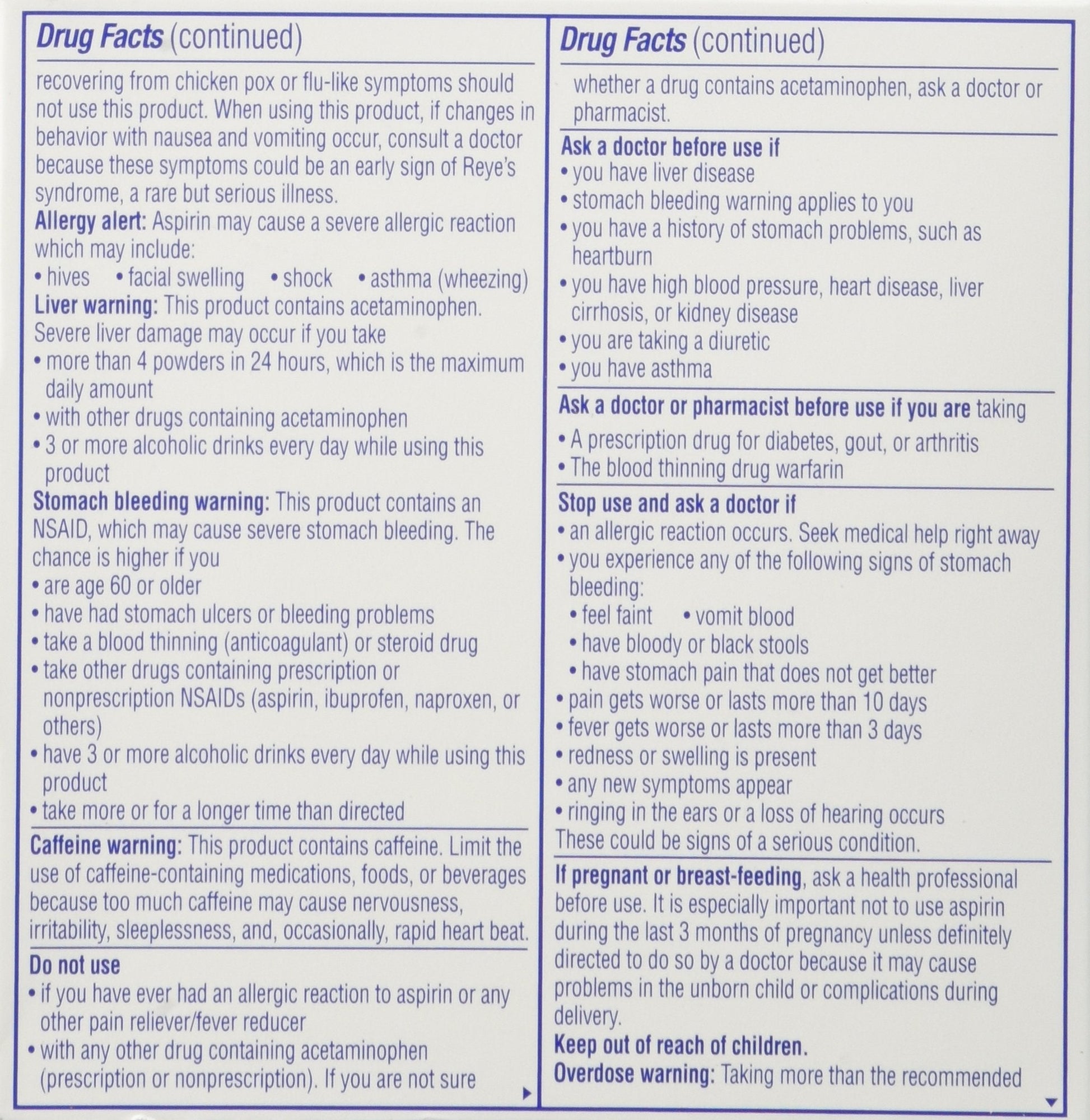Back label of Goody's Extra Strength Headache Powder showing ingredients and dosage instructions