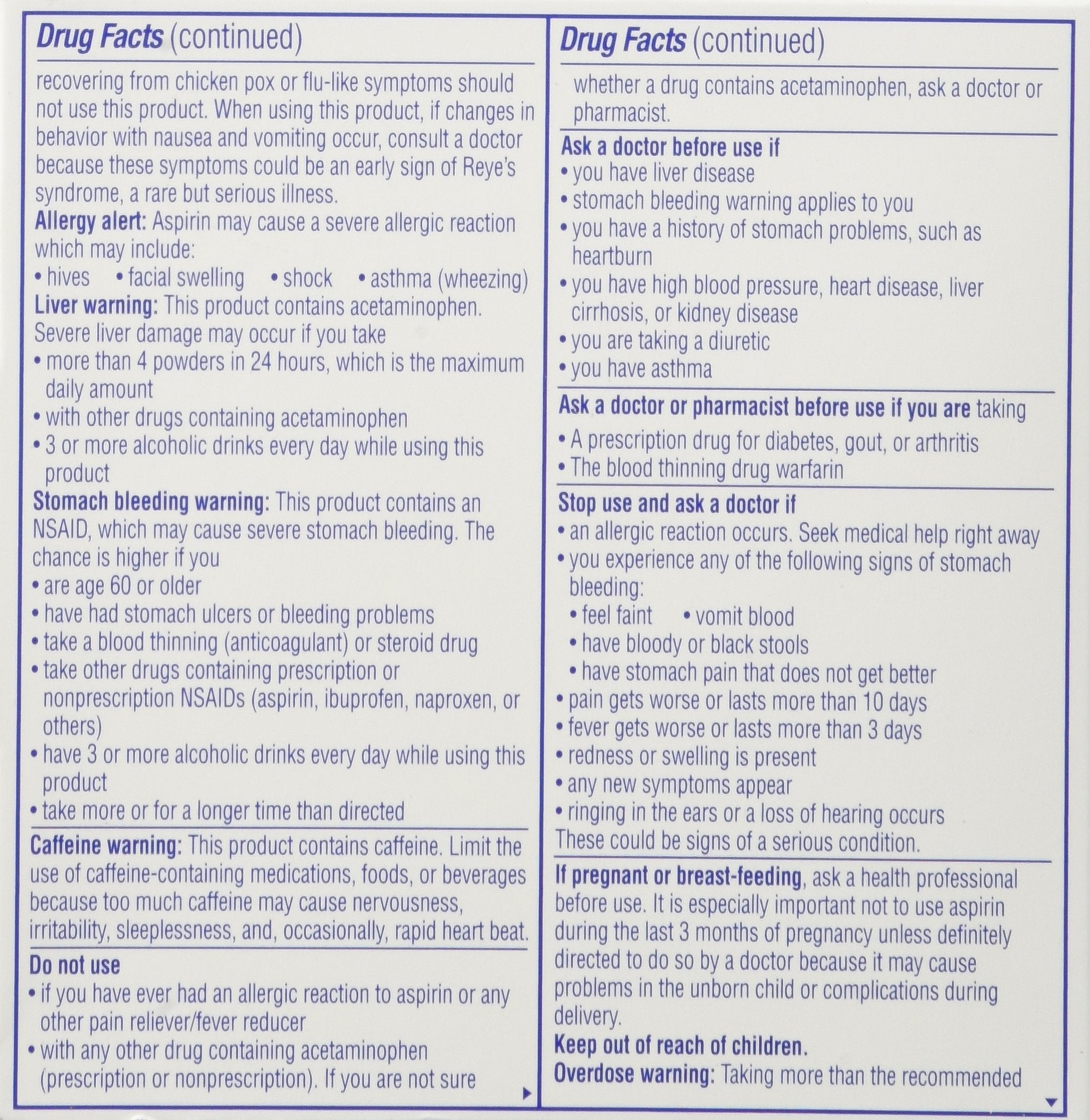 Back label of Goody's Extra Strength Headache Powder showing ingredients and dosage instructions