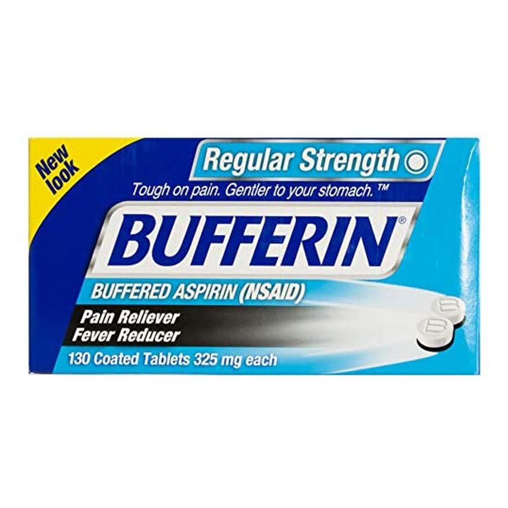 Side view of Bufferin 325 mg pain reliever bottle detailing stomach protection ingredients