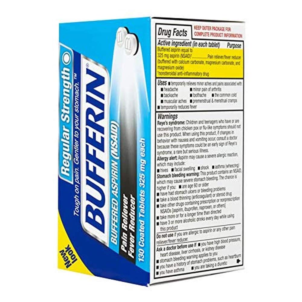 Back label of Bufferin package displaying dosage instructions and safety warnings