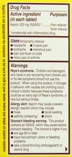 Bayer 325 milligrams pain reliever and fever reducer coated tablets packaging