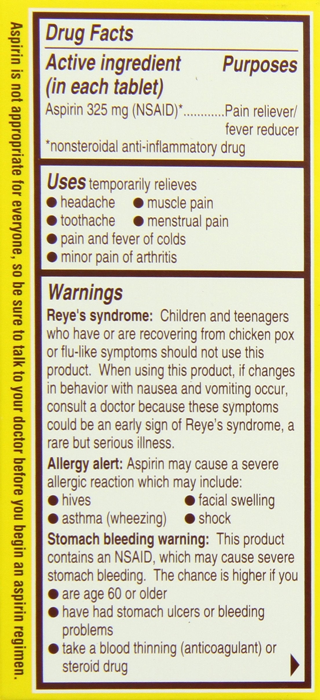 Bayer 325 milligrams pain reliever and fever reducer coated tablets packaging