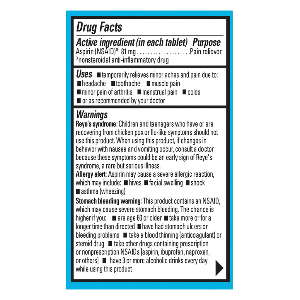 Side angle of Ecotrin 81mg low dose enteric coated tablets showcasing the safety instructions and drug facts label.