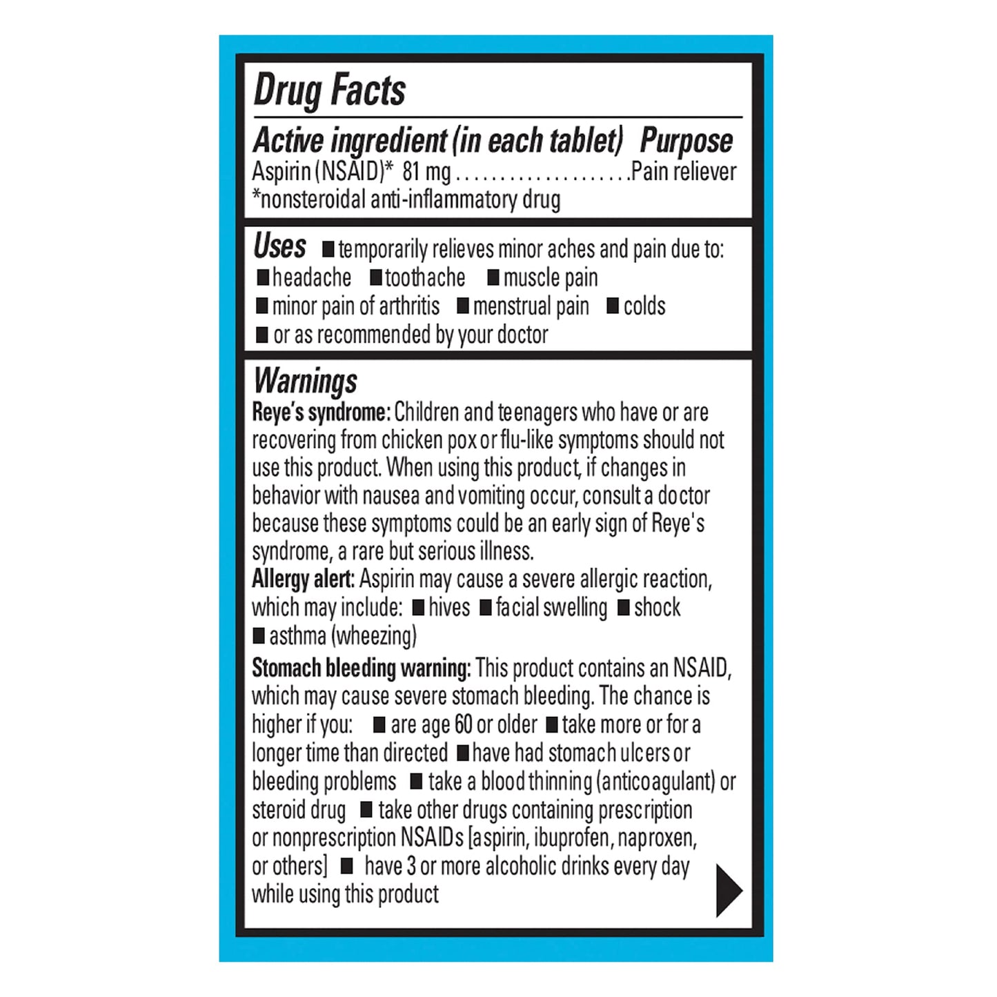 Side angle of Ecotrin 81mg low dose enteric coated tablets showcasing the safety instructions and drug facts label.