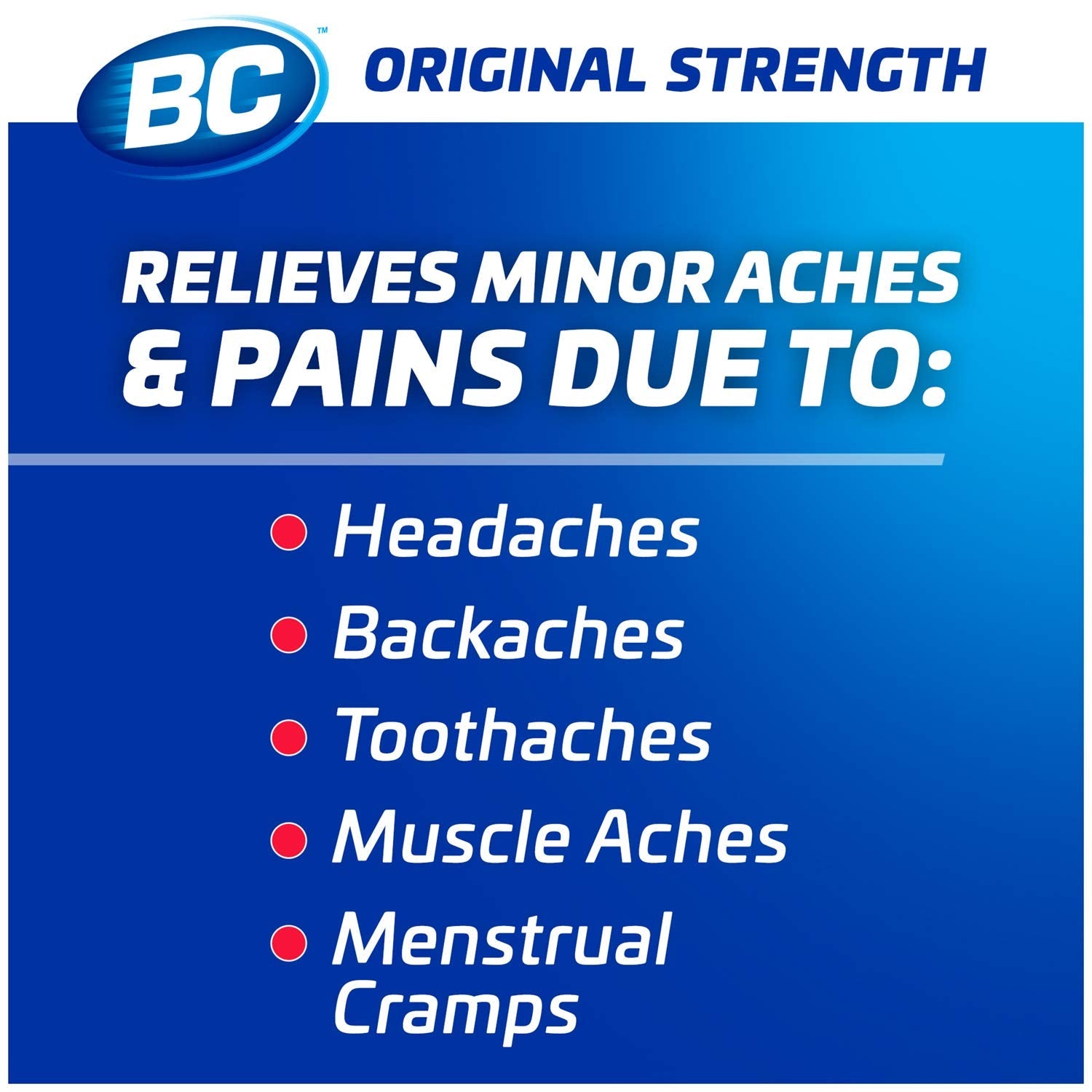 BC fast pain relief powder sticks side view displaying usage instructions