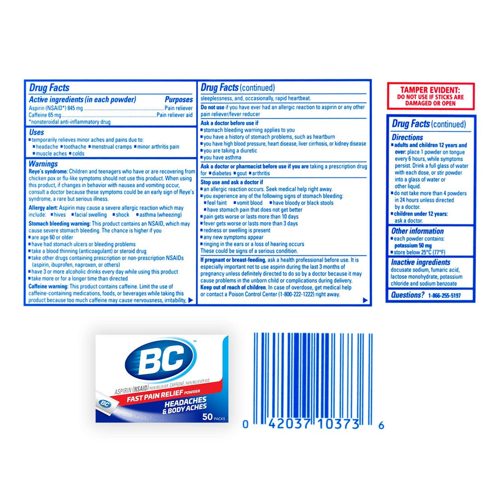 BC Original Strength pain reliever multi pack nutritional and warnings label view