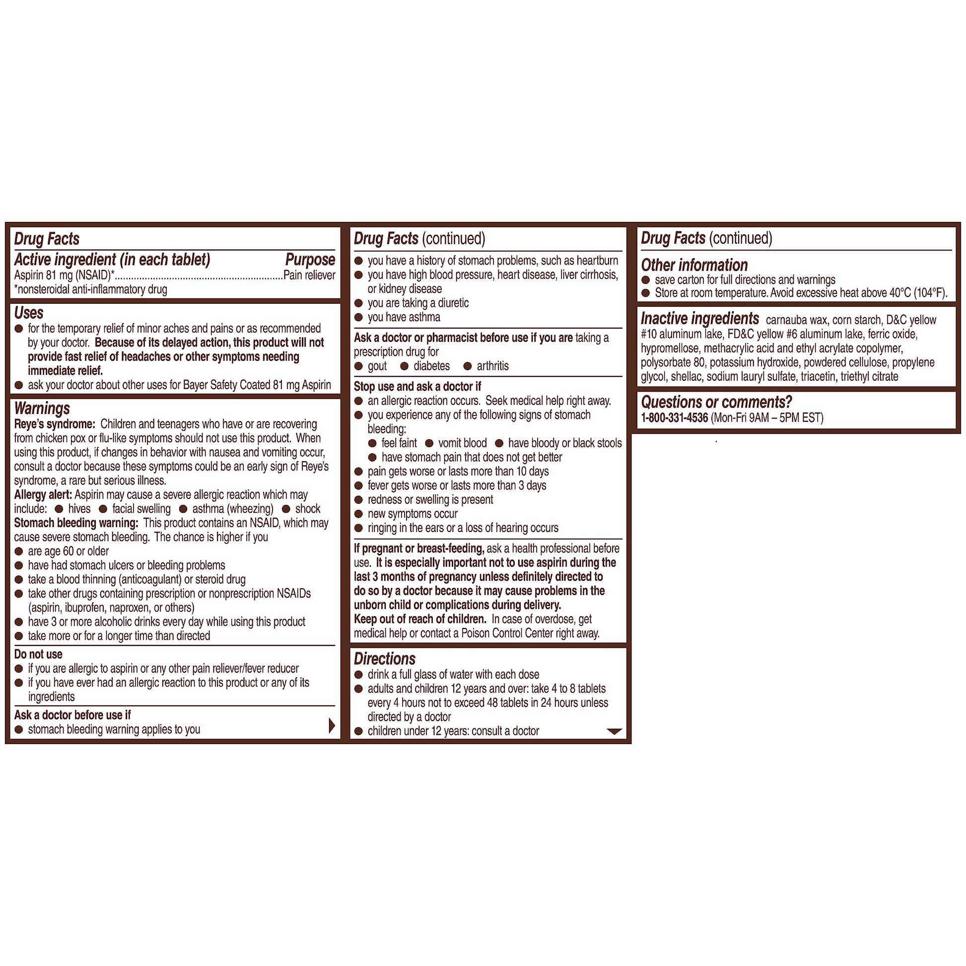 USA sourced Bayer aspirin regimen 120 tablets bottle warnings section