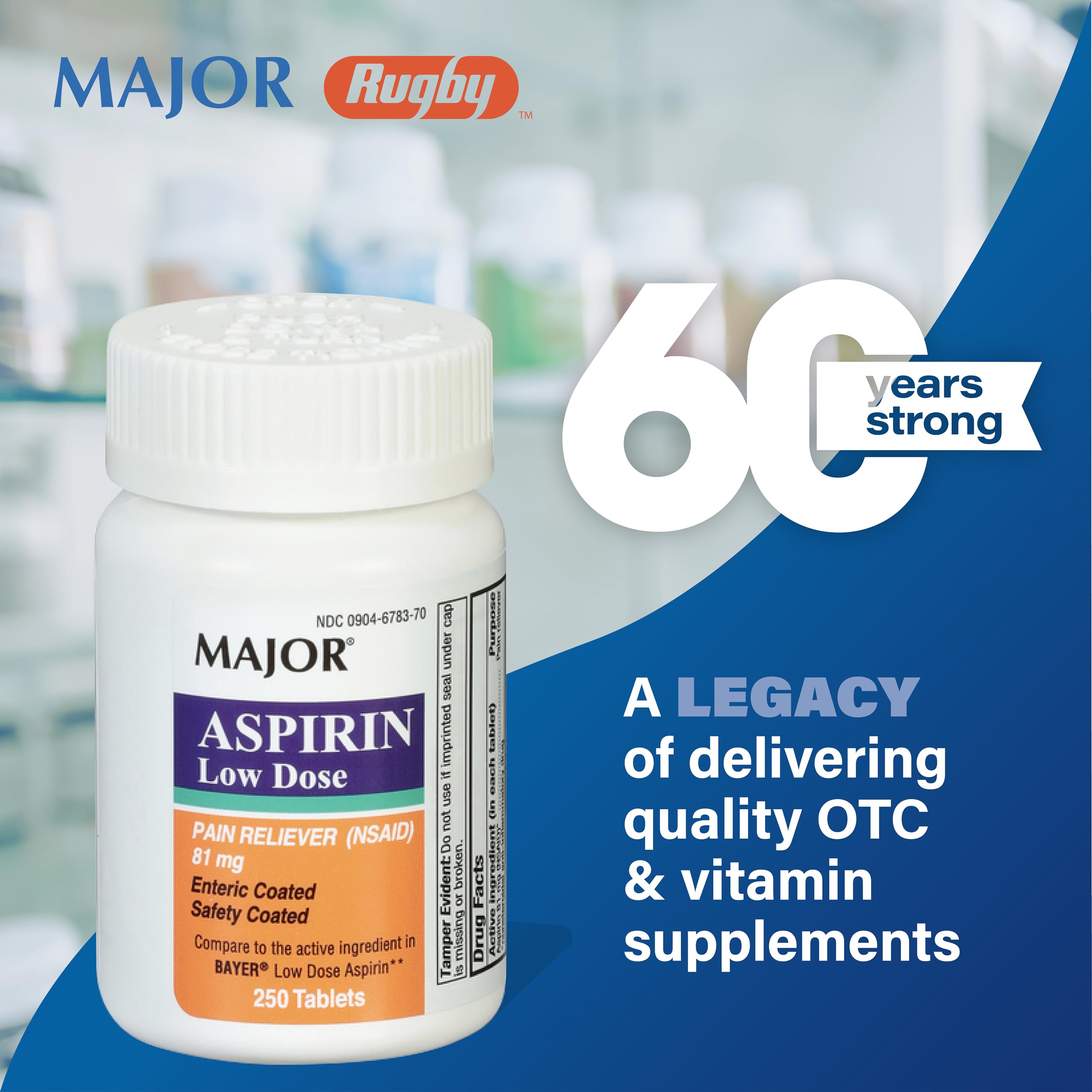Major Pharmaceuticals low dose enteric coated aspirin showing safety warnings and drug facts