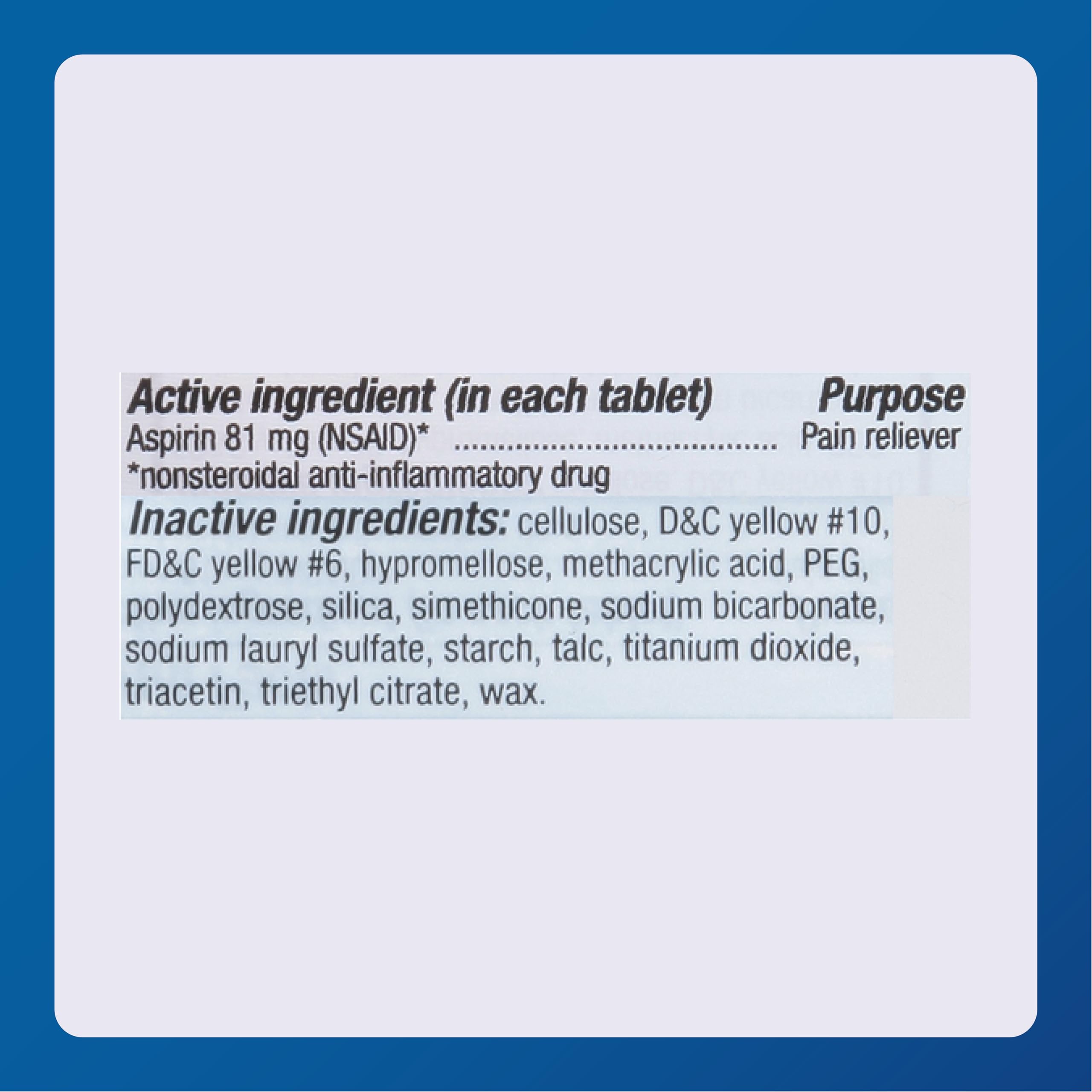 Close up of Pharbest Major 81 mg nonsteroidal anti inflammatory tablets packaging details
