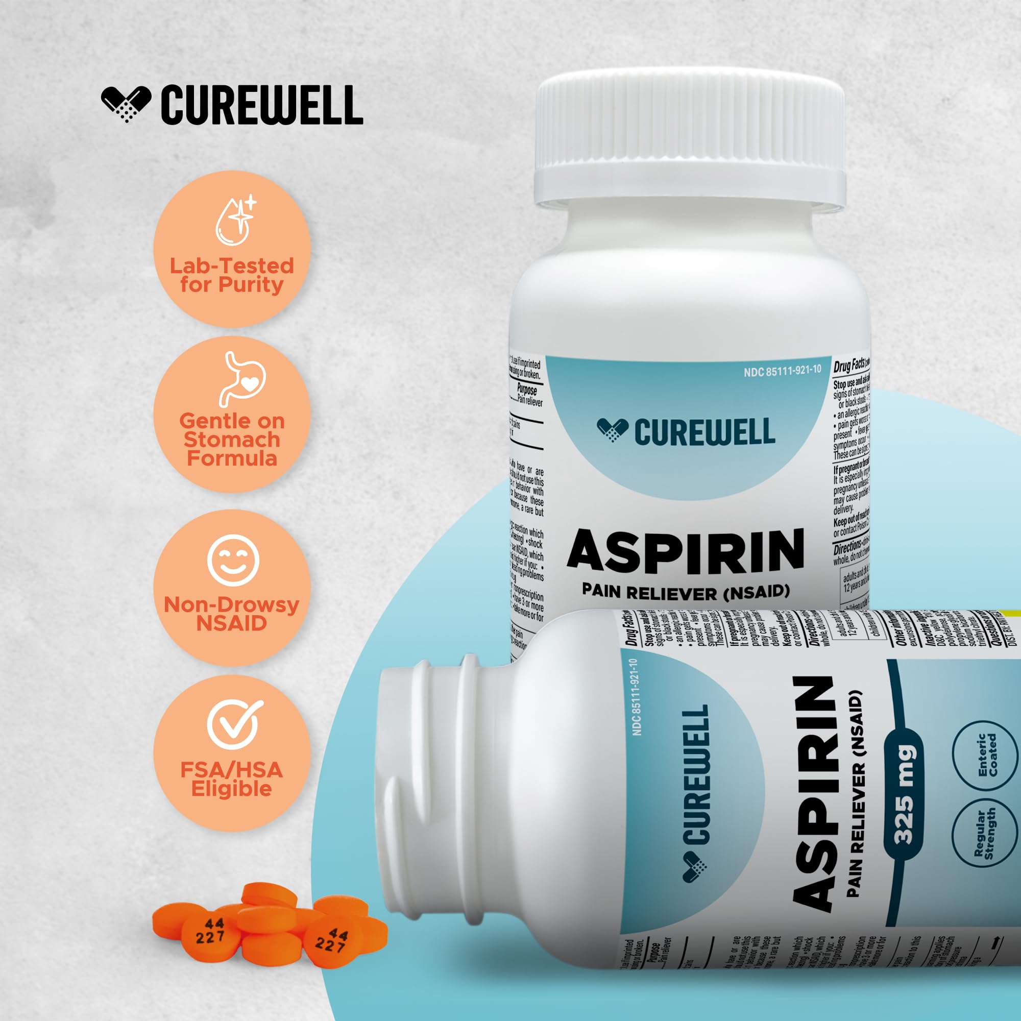 Curewell aspirin 325mg side label showing drug facts and adult dosage instructions