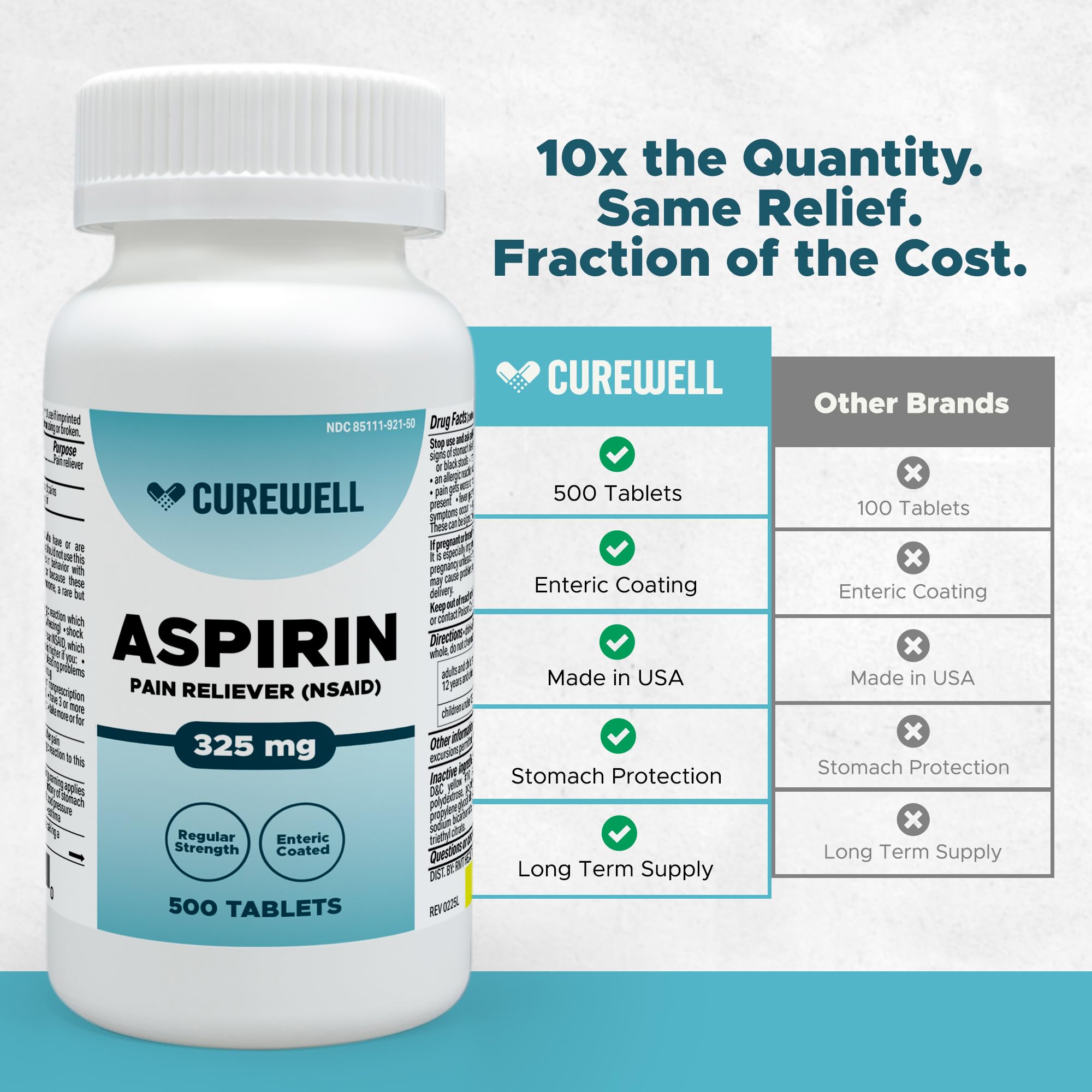 Enteric coated stomach protection aspirin tablets for arthritis and muscle pain