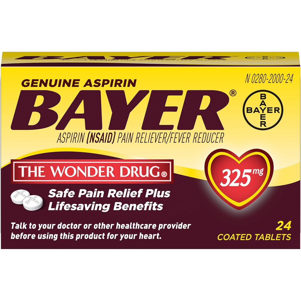 Bayer 325mg aspirin 24 count bottle showing product details and directions