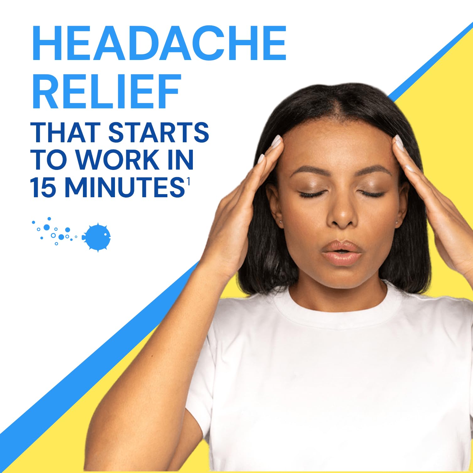 Blowfish effervescent tablets dissolving in water for fast acting headache care