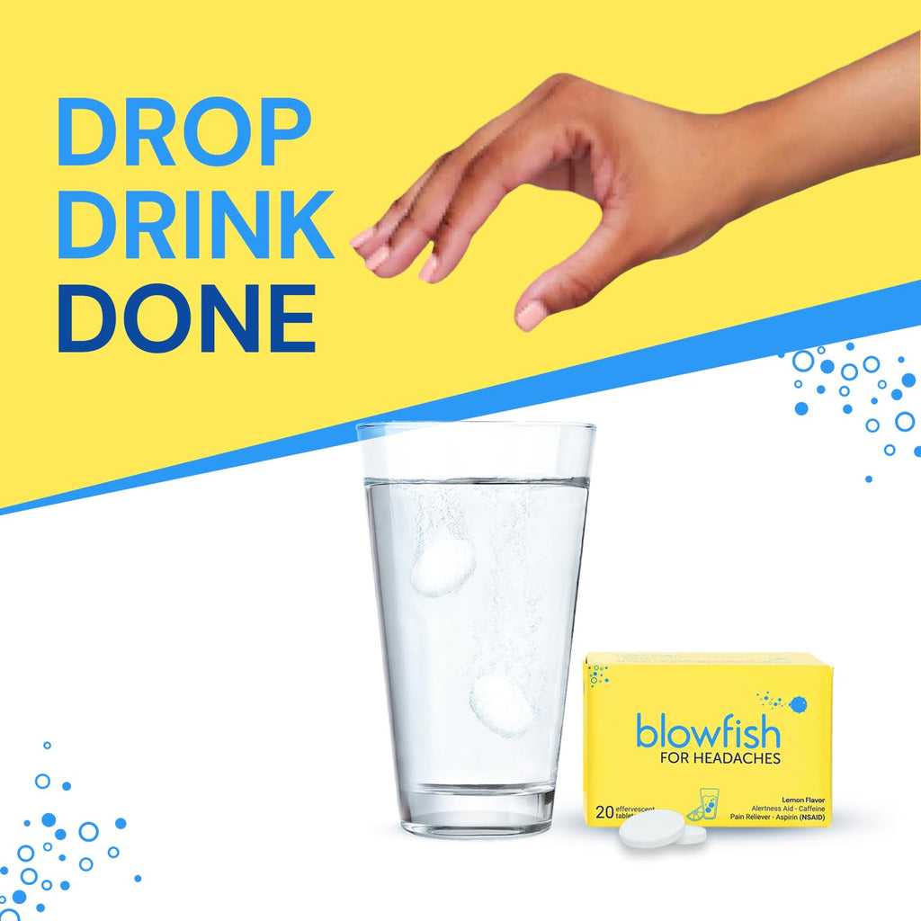Blowfish dual action aspirin and caffeine formula tablets close up view