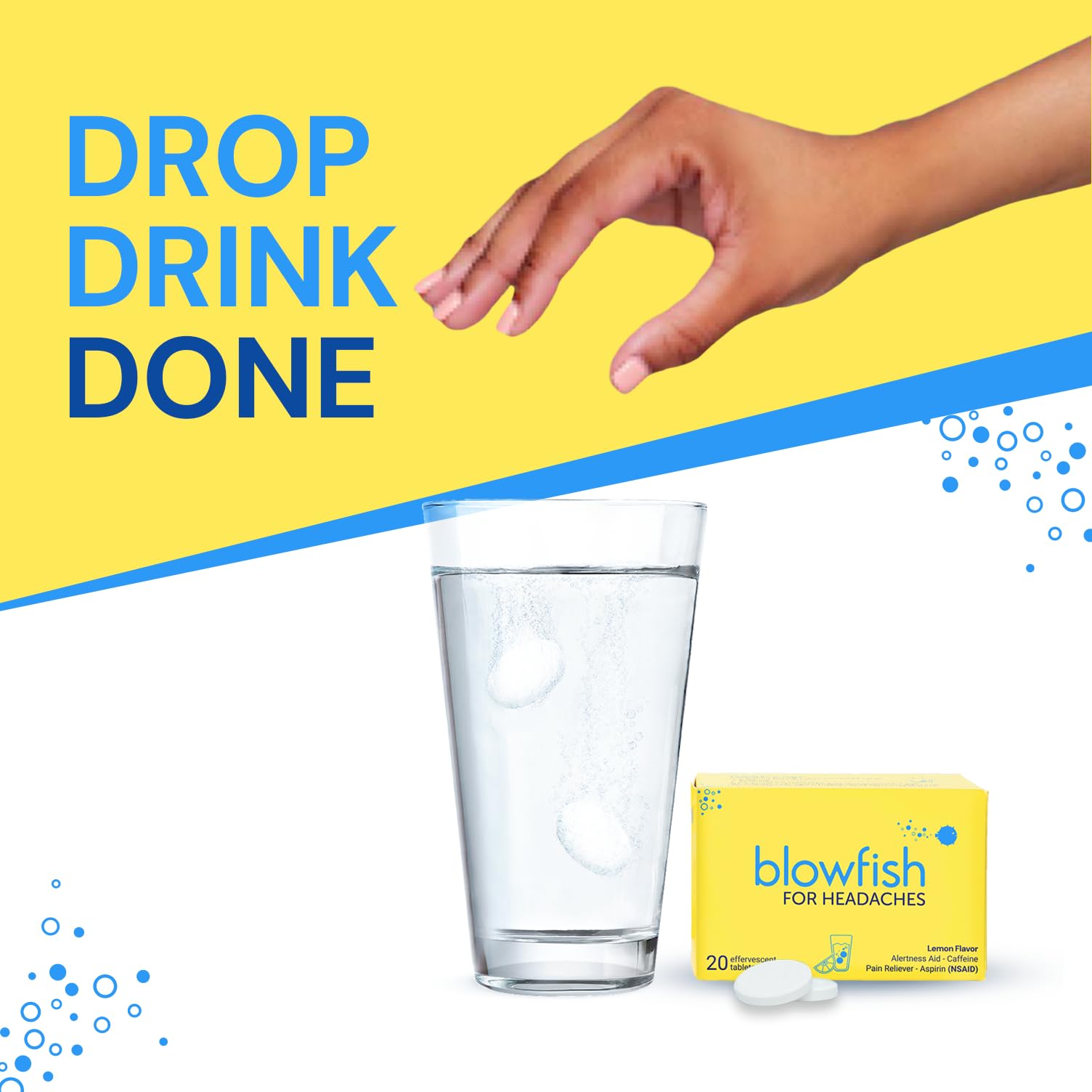 Blowfish dual action aspirin and caffeine formula tablets close up view