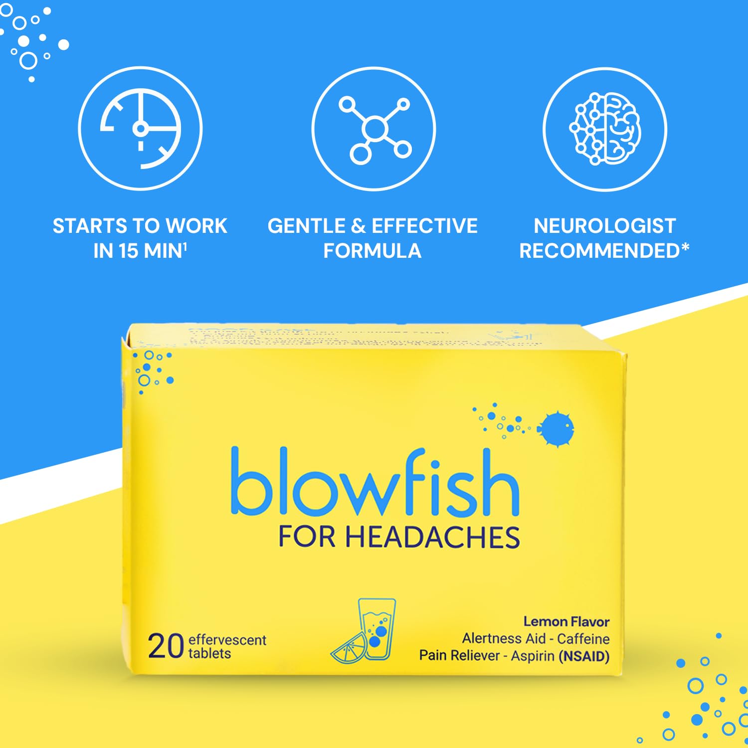 Blowfish fizzing lemon flavored pain relief solution in a clear glass