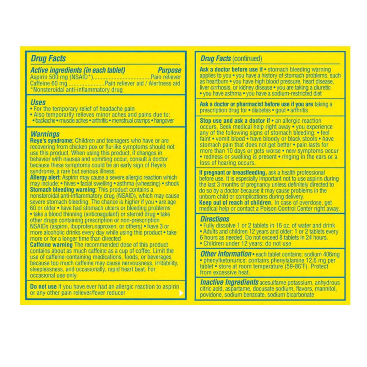 Blowfish imported fast absorbing headache medication outer box ingredient list