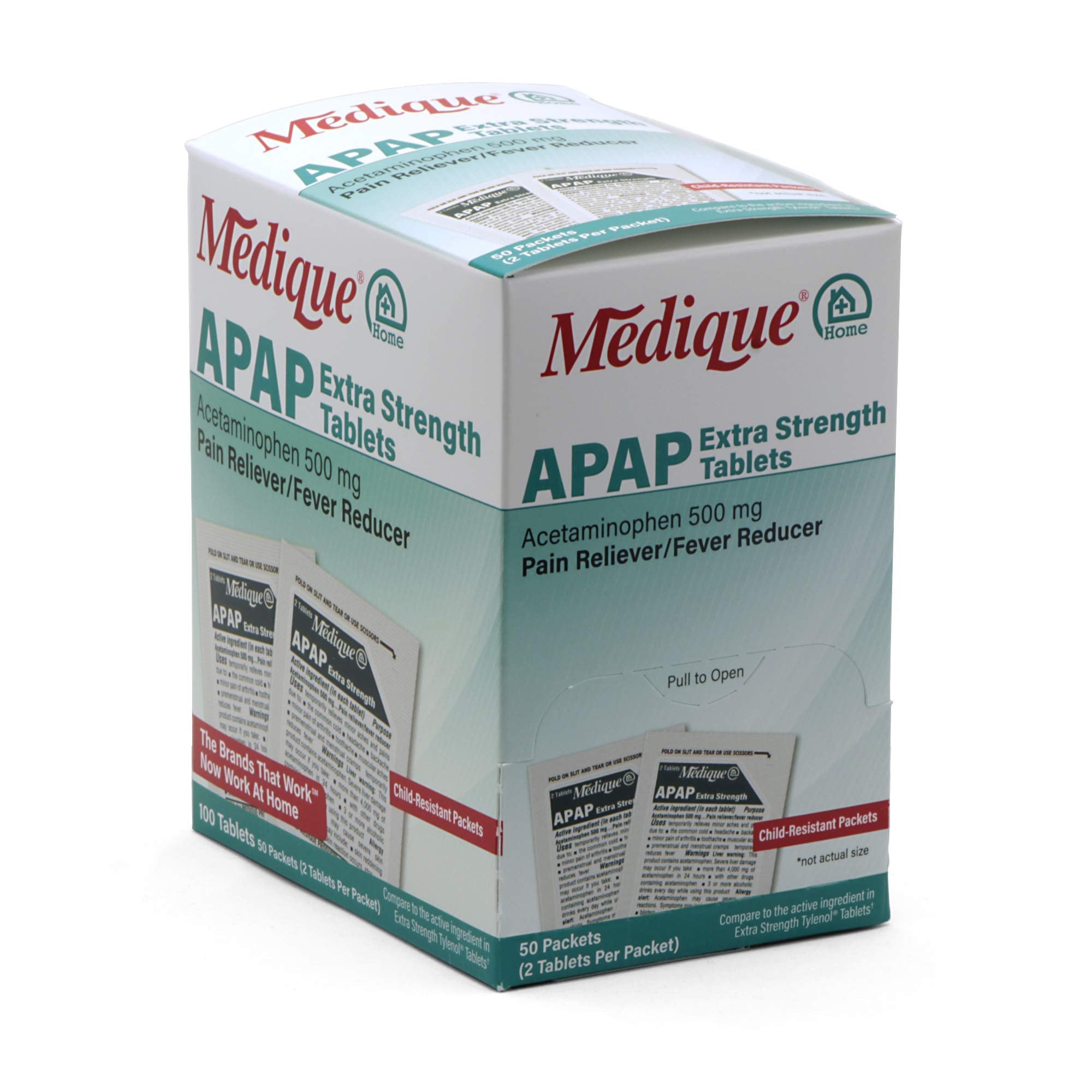 Medique acetaminophen 500 mg individual child resistant mylar pouches showing two tablets per packet