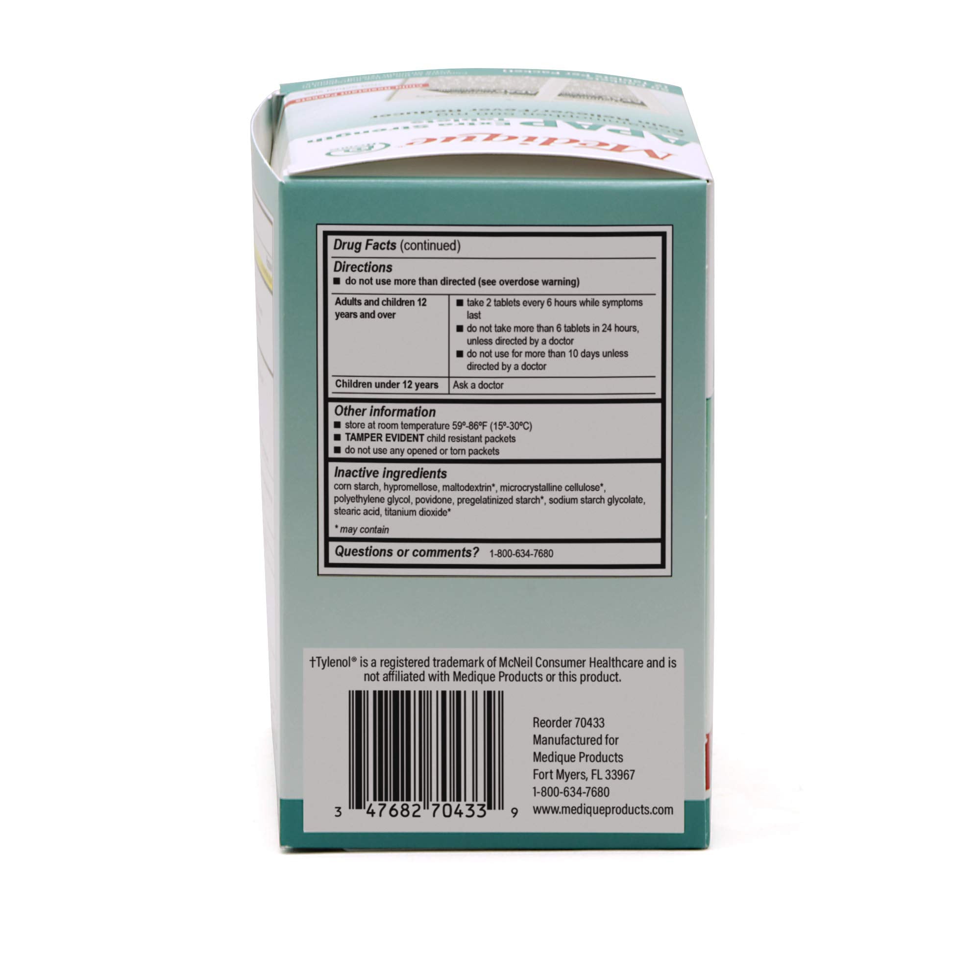 Medique At Home USA imported extra strength APAP tablets side panel showing drug facts and ingredients