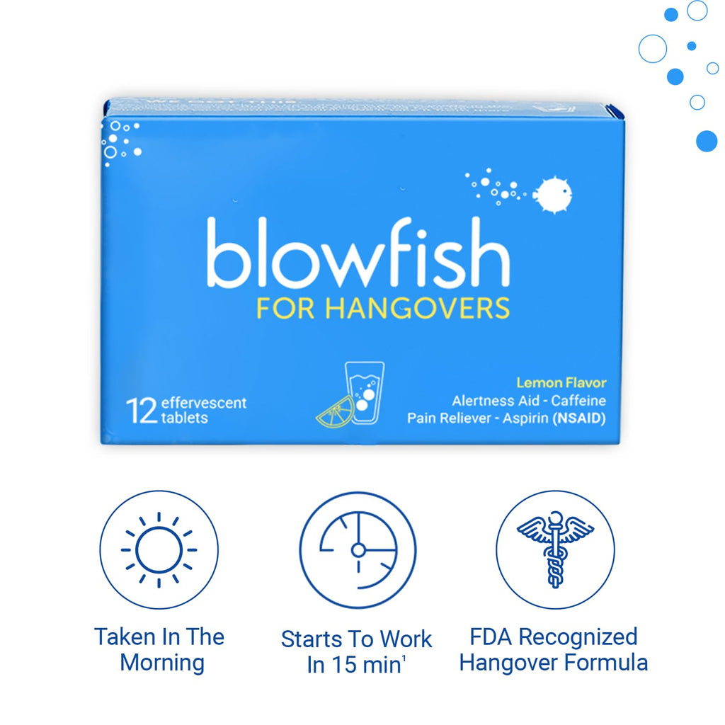 Blowfish effervescent hangover relief medicine packaging showing aspirin and caffeine details.